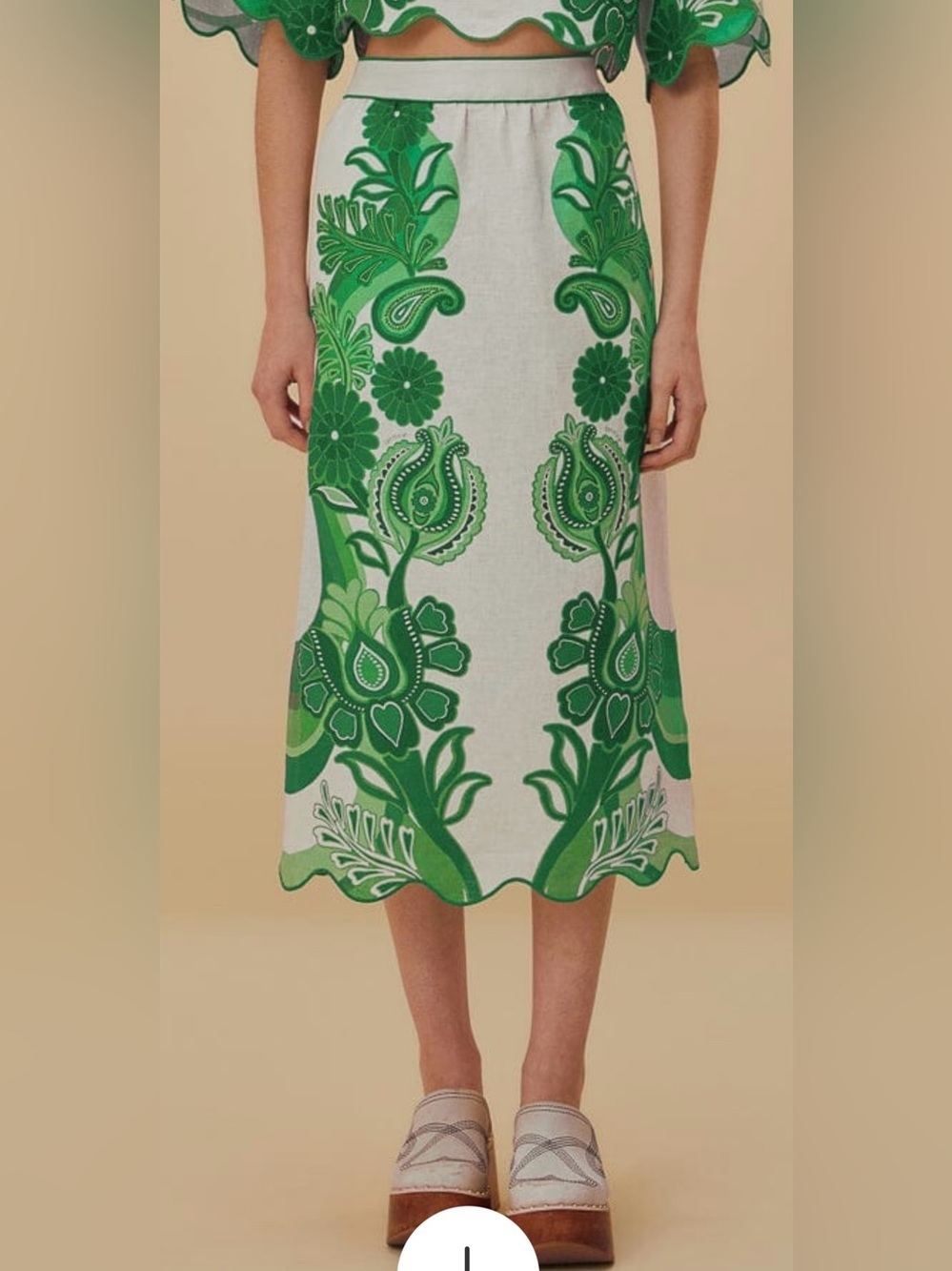 FARM RIO Women’s Midi Skirt White Green Floral Festival Linen Size Large